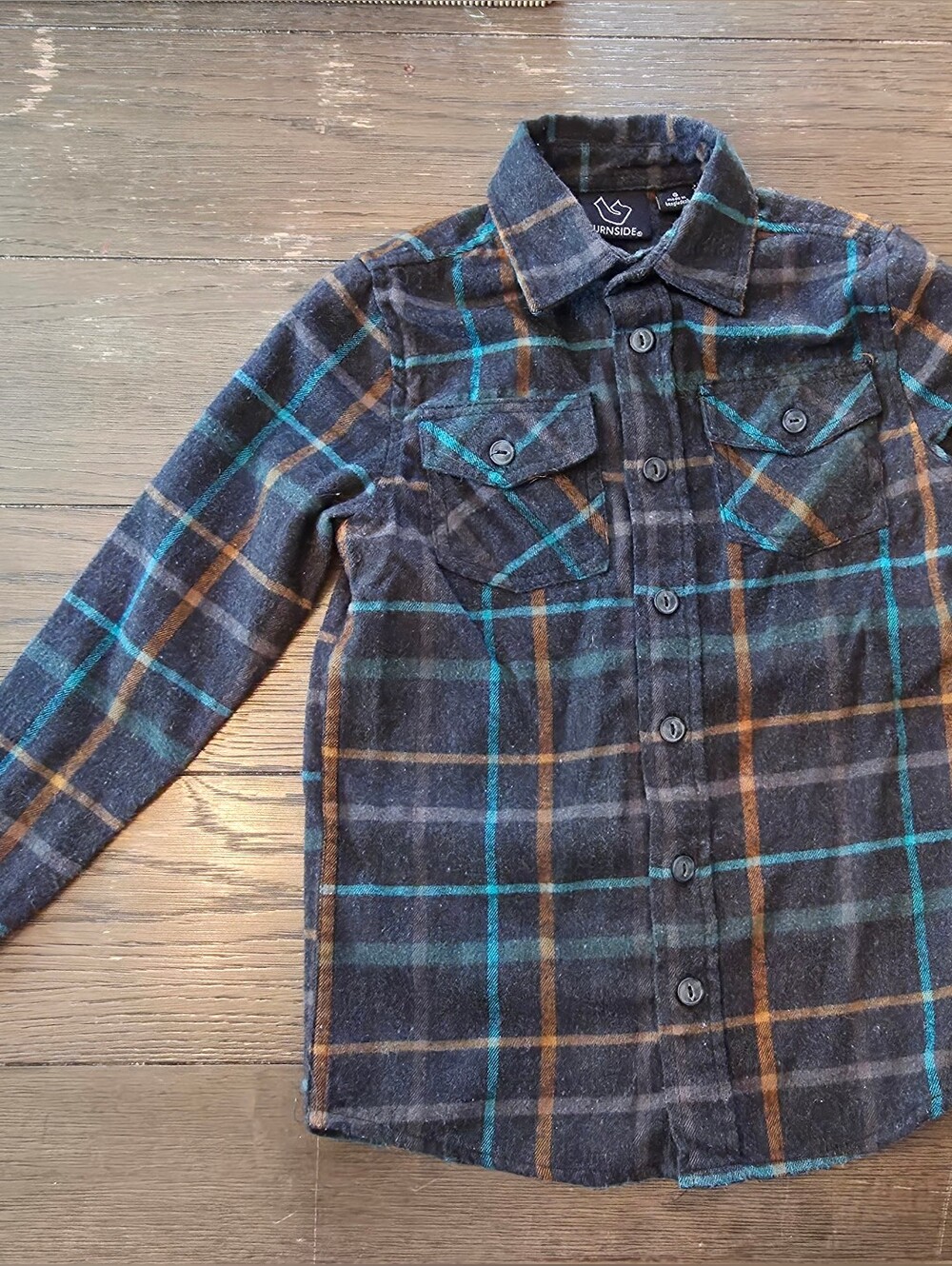 burnside Gray Plaid Button-Up Jean Jacket with Teal & Brown Stripes